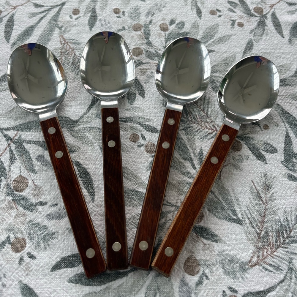 Crown Corning Stainless Steel 4 Spoons with Brown Wood Handles